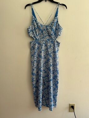 Topshop Blue and White Floral Midi Dress with Cutouts